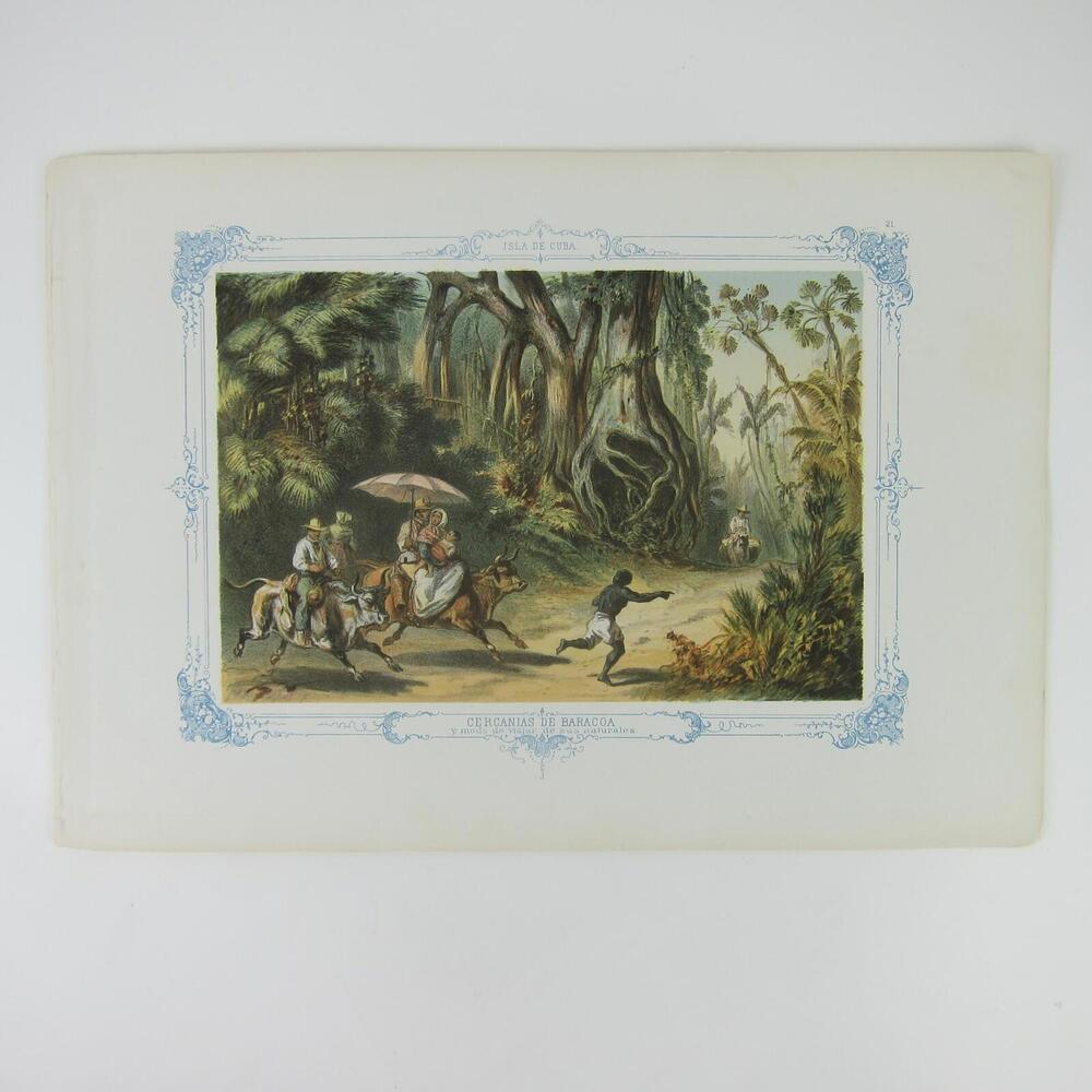 Federico Mialhe Chromolithograph Print Cuba Baracoa Travel on Bulls Antique 1855